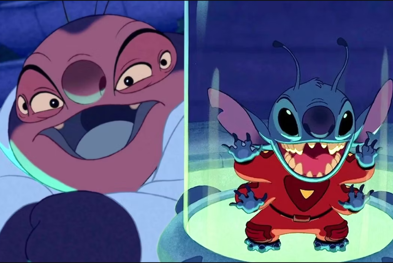 A screen capture of Dr Jumba trapping Stitch in his laboratory