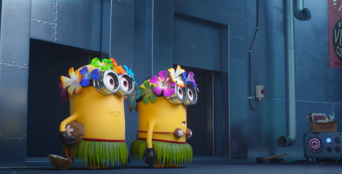 Minions standing together in outfits.