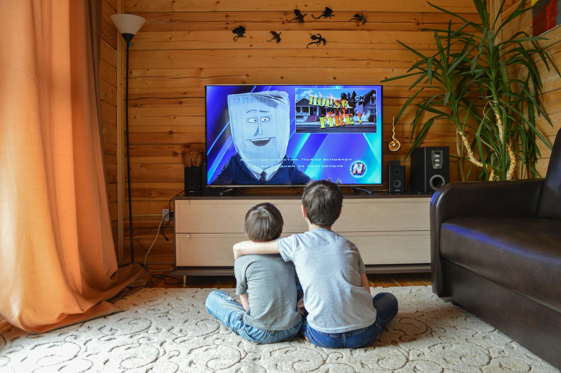 Two brothers hug and watch tv together.