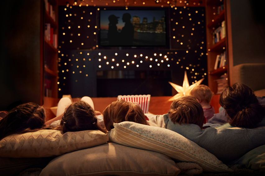 Living room decorated as a movie night.